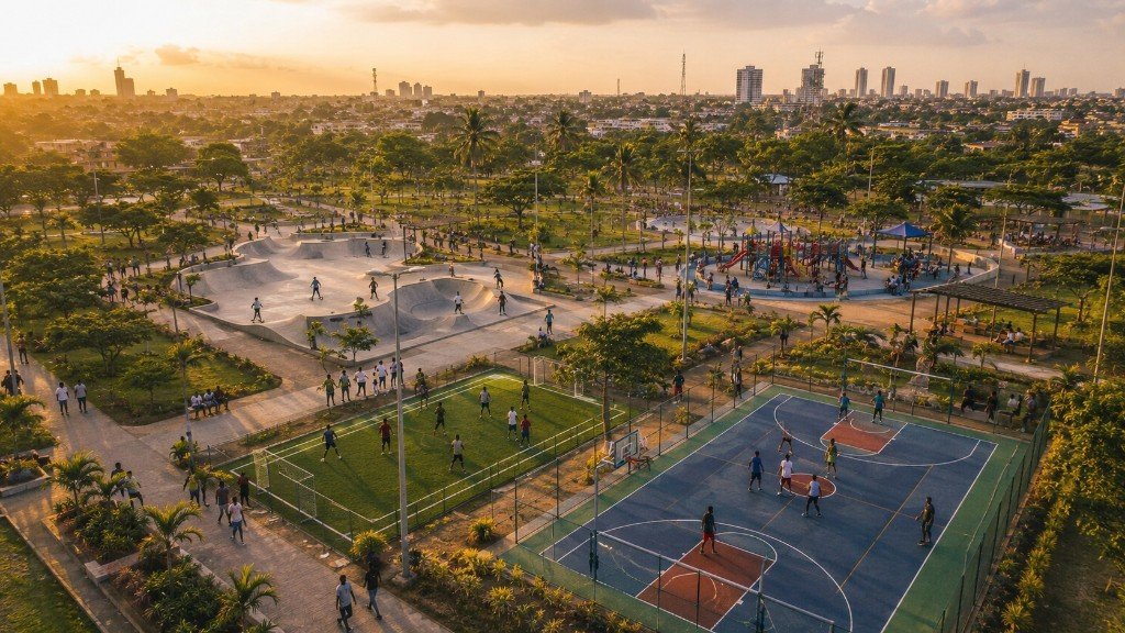 Parc sportif urbain moderne avec infrastructures multi-activités
